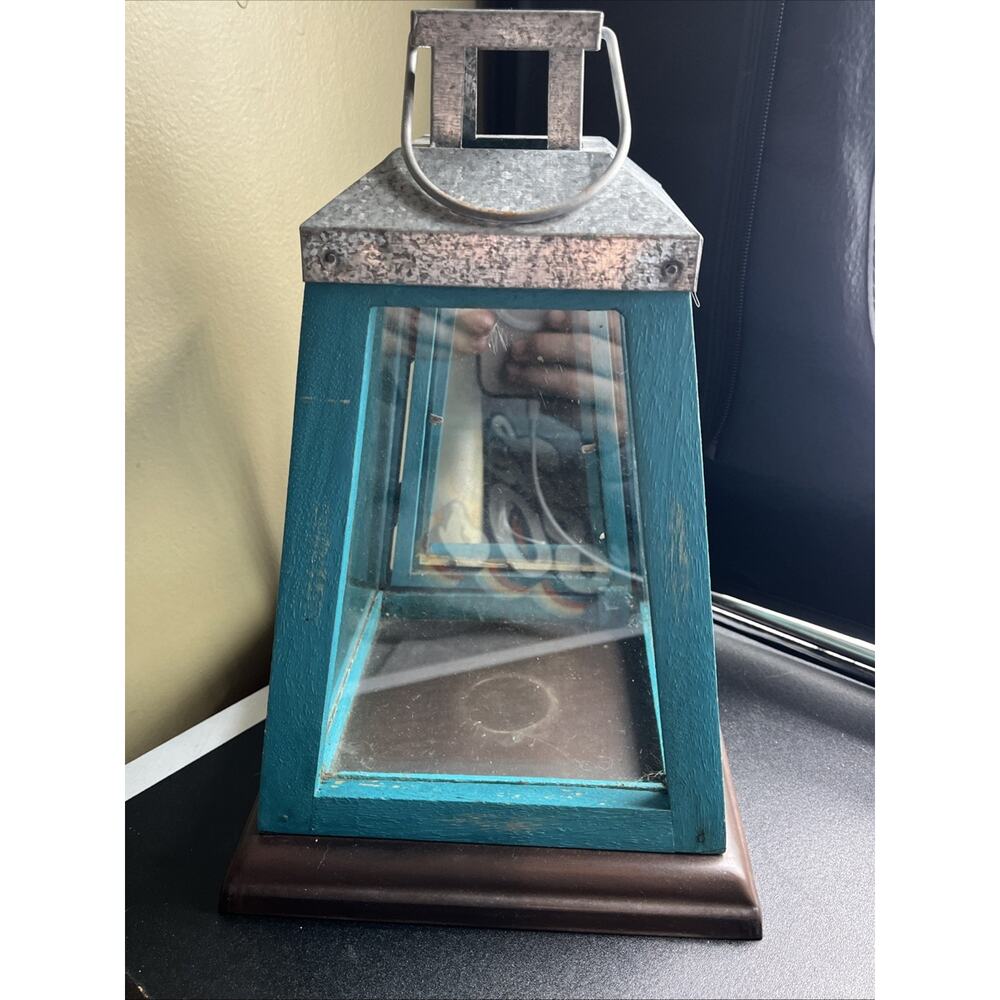 Rustic Teal Turquoise Heavy Metal Wood Ocean Coastal Lantern 12”x8” - Picture 4 of 7